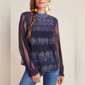 Blank London Lace Top Sheer Floral Embroidery  Anthropology